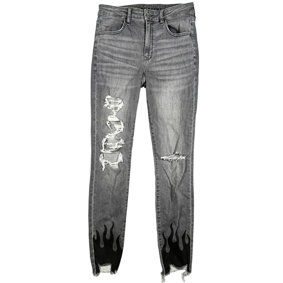 American Eagle Super Hi Rise Jegging Women's 8 Long Distressed Flame Hem Pockets - Picture 2 of 16